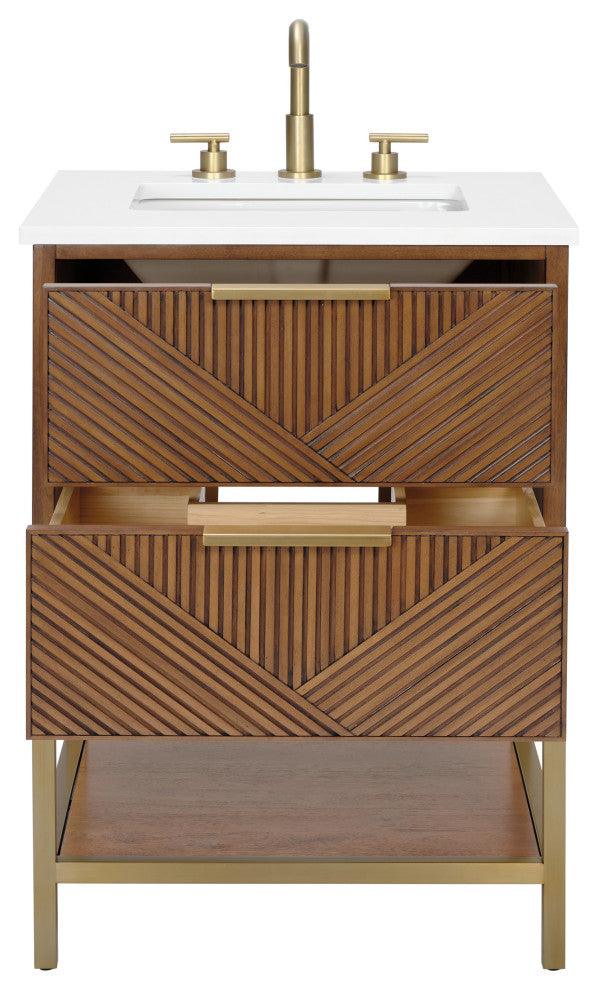 Diamond 24" Bath Vanity, Walnut/Satin Brass, 24", White Quartz Top