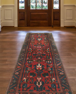 Fine Vintage Distressed Hafiza Navy/Red Runner, 3'5x10'3