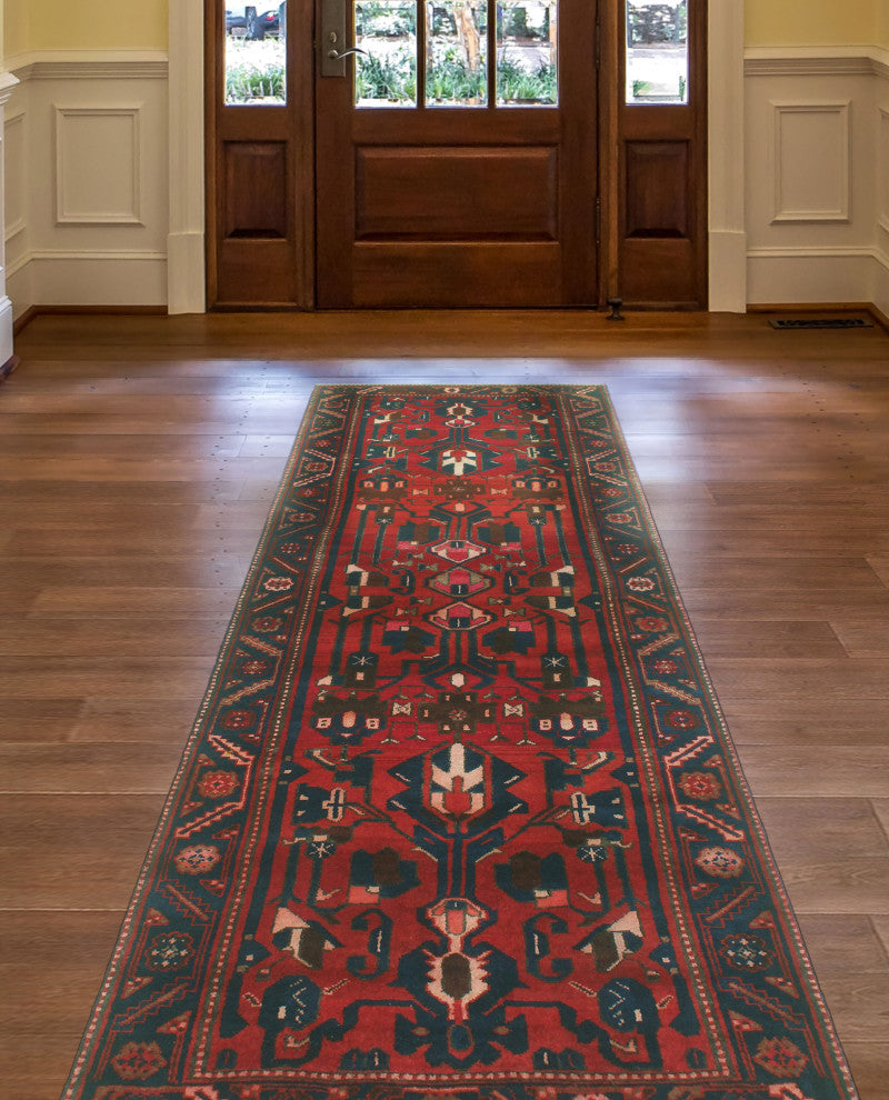 Fine Vintage Distressed Hafiza Navy/Red Runner, 3'5x10'3