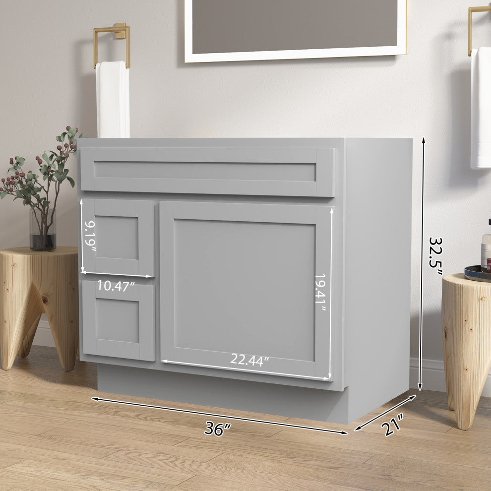 Vanity Art Vanity Base Cabinet, No Top, Drawers on Left, 36", Gray