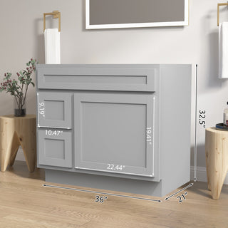 Vanity Art Vanity Base Cabinet, No Top, Drawers on Left, 36", Gray