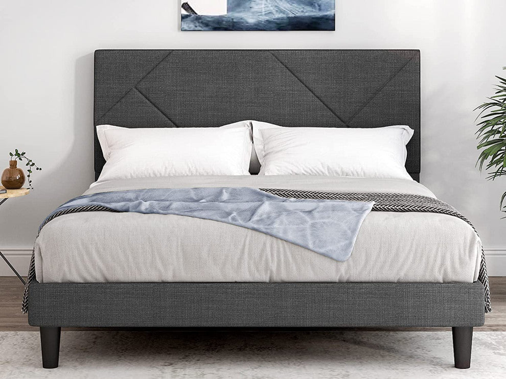 Full Size Metal Bed Frame with Geometric Upholstered Headboard