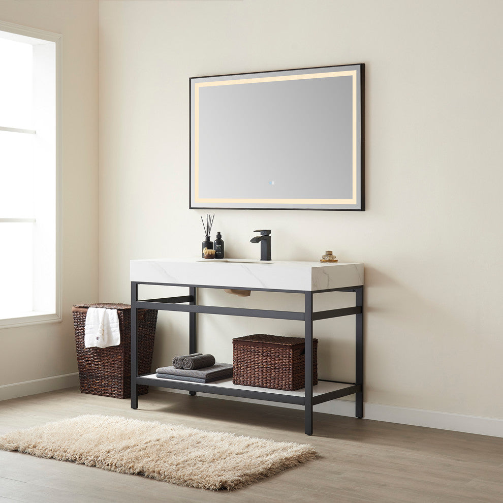 Funes Bath Vanity without Mirror, Matte Black Hardware, 48'', White Stone Top