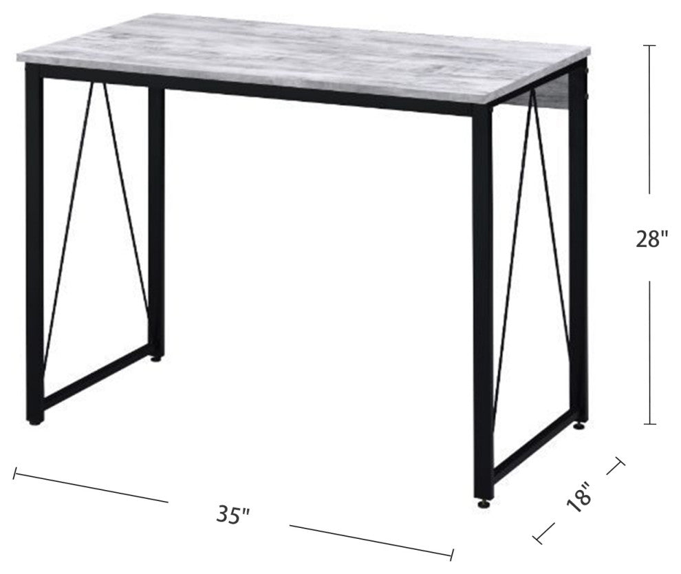 Wooden Writing Desk With Metal Frame, Antique White and Black Finish