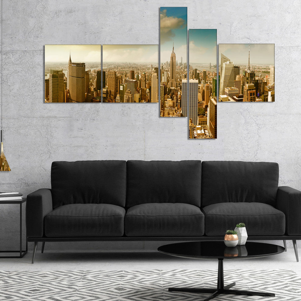Midtown and Downtown Manhattan, Modern Cityscape Canvas Print, 60"x32", 5 panels