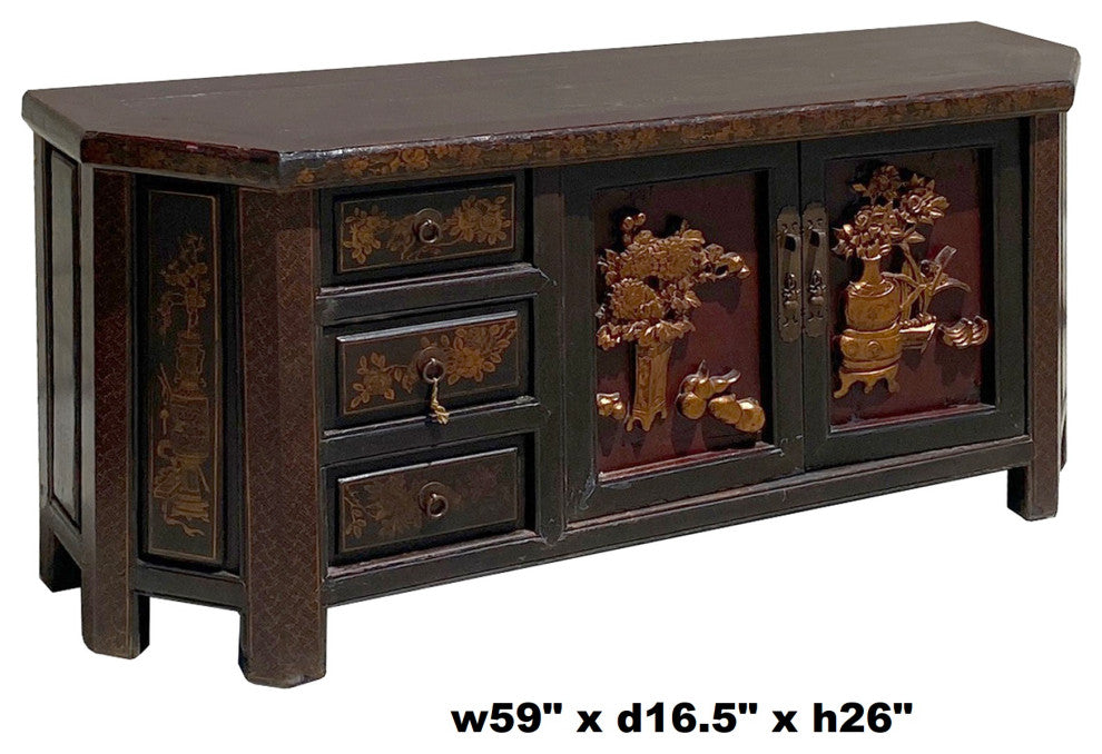 Chinese Distressed Brown Golden Flower Motif TV Console Table Cabinet Hcs6127