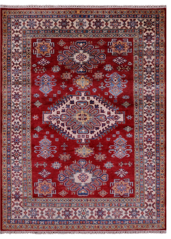 4' 10" X 6' 5" Geometric Super Kazak Handmade Wool Rug - Q12844