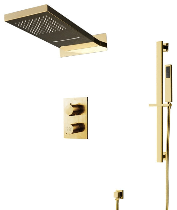 Melfi 22" Brushed Gold Rainfall Shower System, Square Handheld Shower, Non LED