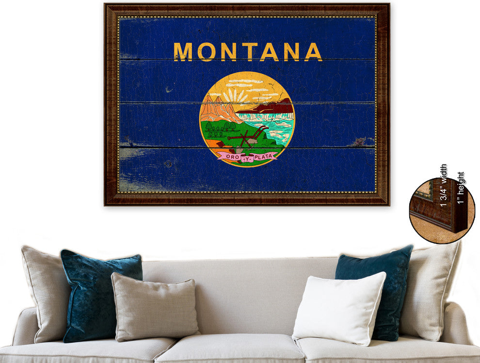 Montana State Vintage Flag Print With Brown Gold Frame, 23"X33"