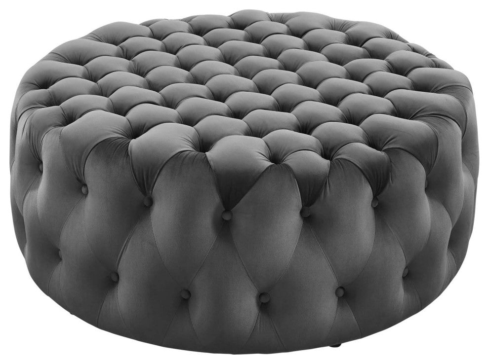 Round Ottoman Accent Tufted Chair, Gray, Velvet, Modern, Cafe Hospitality