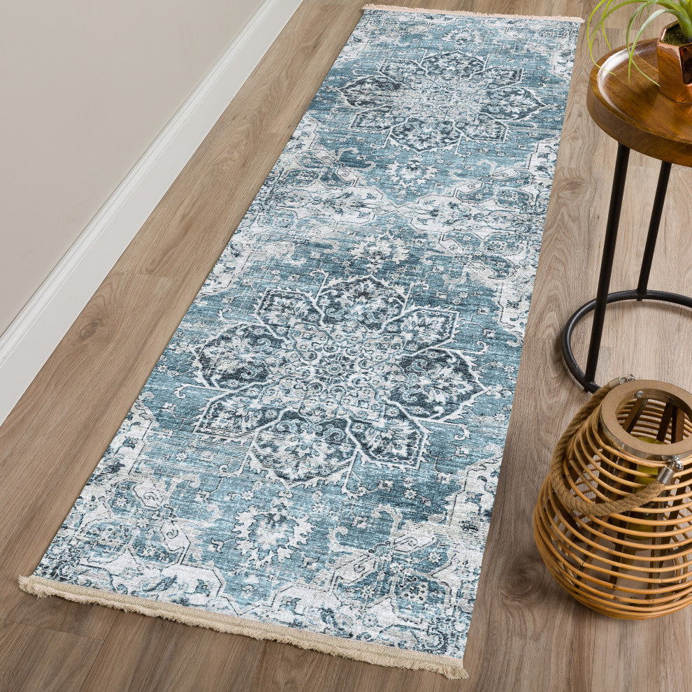 Indoor/Outdoor Marbella MB3 Denim Machine Washable 2'3" x 10' Runner Rug