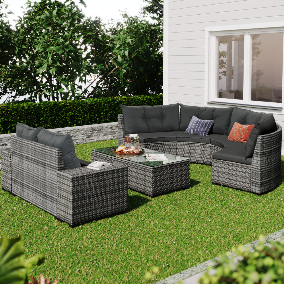 8 Pieces Outdoor Wicker Curved Patio Sectional with Coffee Table and Cushions, Gray