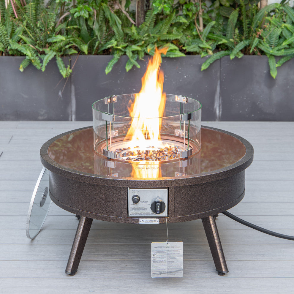 Leisuremod Walbrooke Patio Round Fire Pit Table With Aluminum Frame, Brown