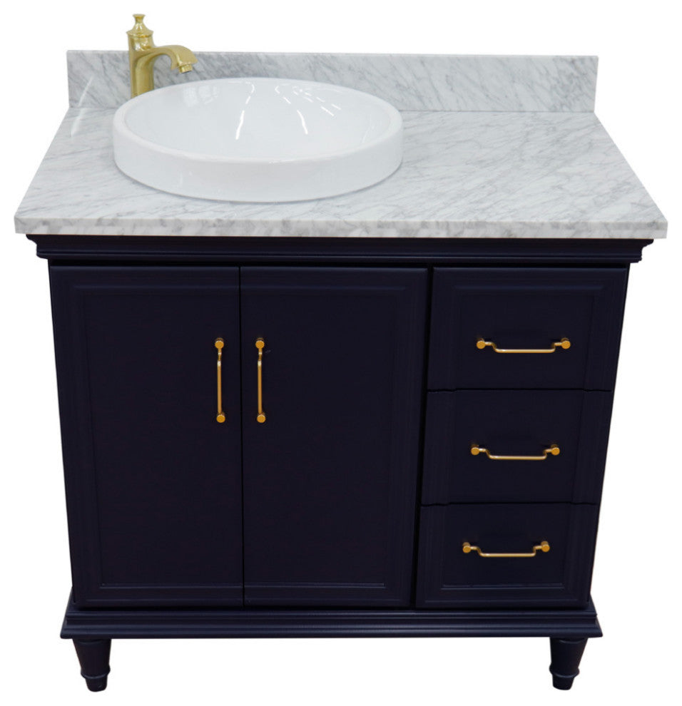 37" Single Vanity, Blue Finish With White Carrara