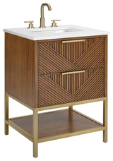 Diamond 24" Bath Vanity, Walnut/Satin Brass, 24", White Quartz Top