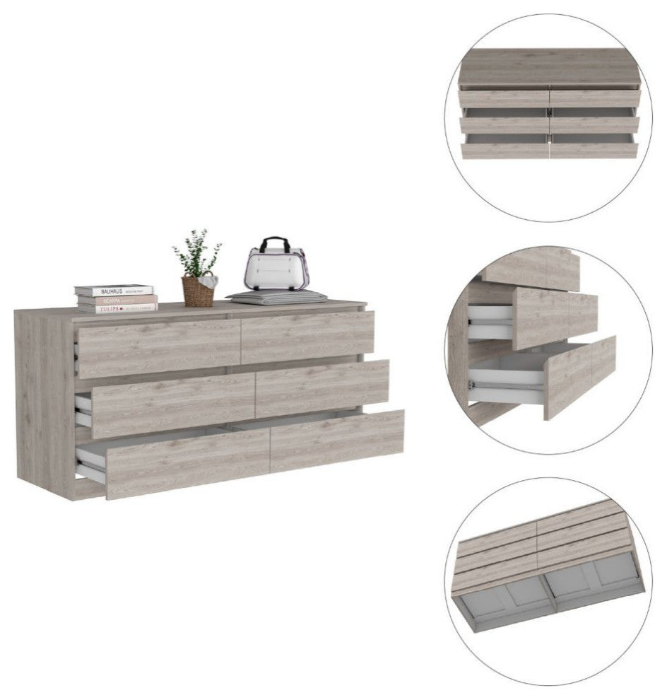 Seul 6 Drawer Double Dresser, Light Gray White