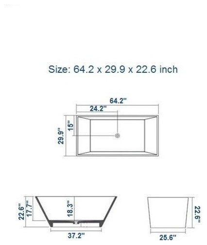 ADM Rectangular Freestanding Bathtub, Matte White, 64.2"