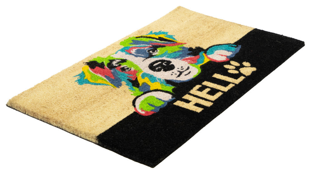 Ivory and Black "Hello" Multicolor Dog Outdoor Coir Doormat 18" x 30"