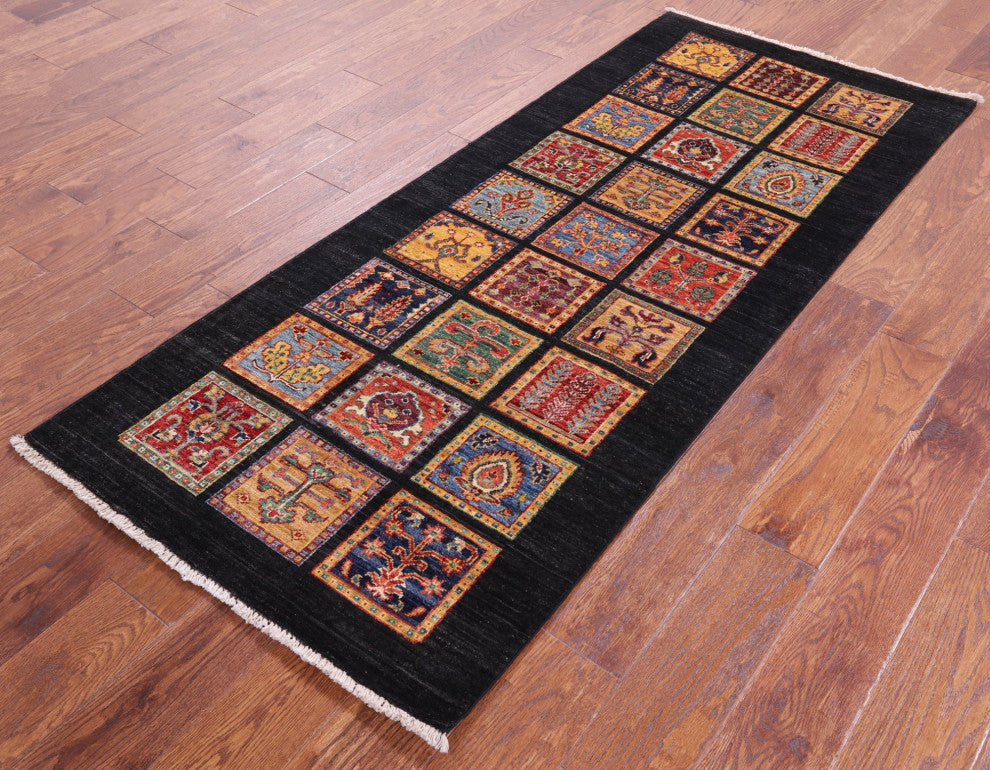 2' 8" X 6' 5" Persian Garden Design Black Handmade Wool Runner Rug Q10695