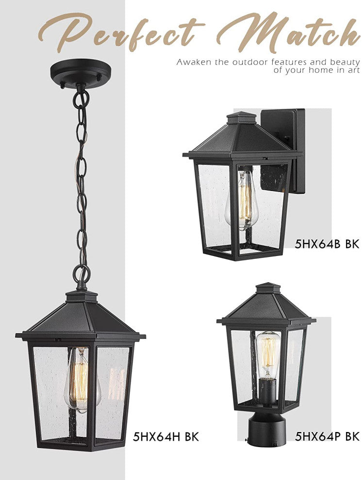 Farmhouse Exterior Hanging Porch Light, Black Chandelier, Seeded Glass Shade