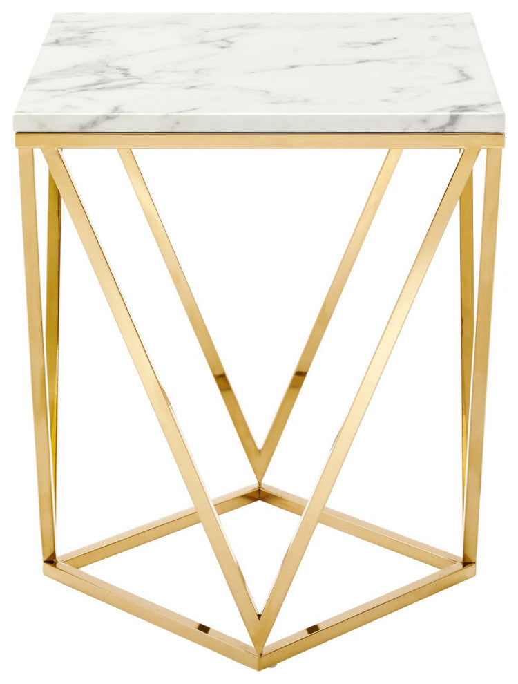 Sofa Side Table, Square, Artificial Marble, Metal, Gold White, Modern, Lounge