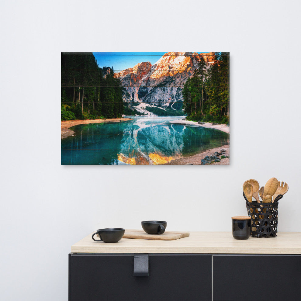 Faux Wood Misty Lake and Snow-cap Mountain Reflections Canvas Prints, 24" X 36"