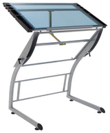 Triflex Drawing Drafting Standing Table, Silver/Blue Glass