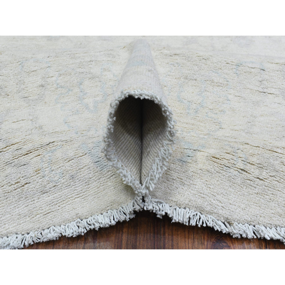 Ivory, White Wash Peshawar, Soft Wool Hand Knotted Round Rug, 7'10"x7'8"