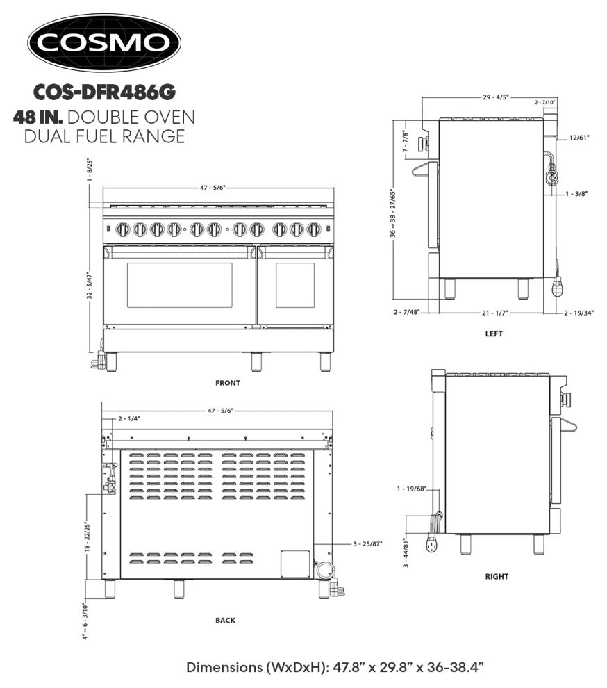 Cosmo Pro Double Oven Dual-Fuel Range 6 Burners w/ Griddle 48"�