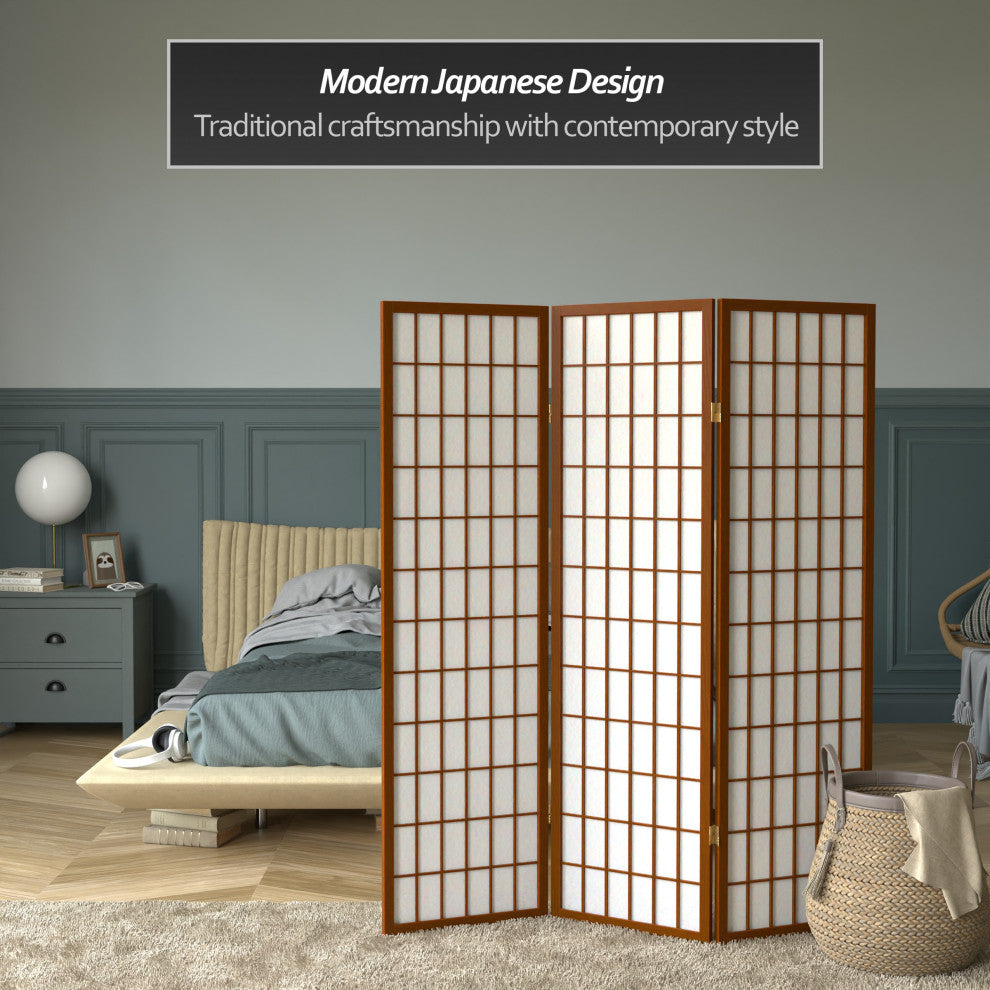 5' Tall Window Pane Shoji Screen, Walnut, 3 Panels