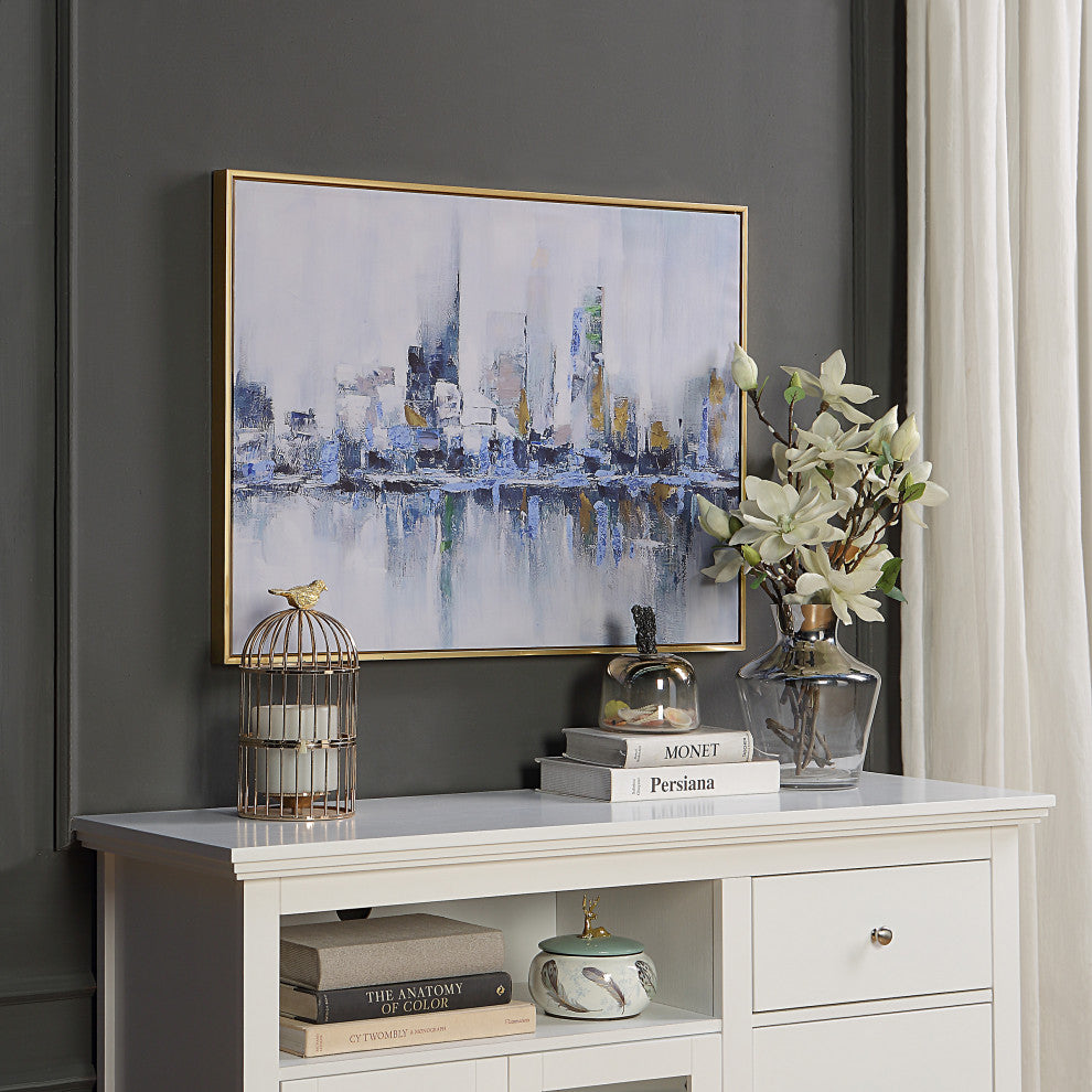 Cityscape Abstract Wall Art 36x47 With Gold Frame, Teal
