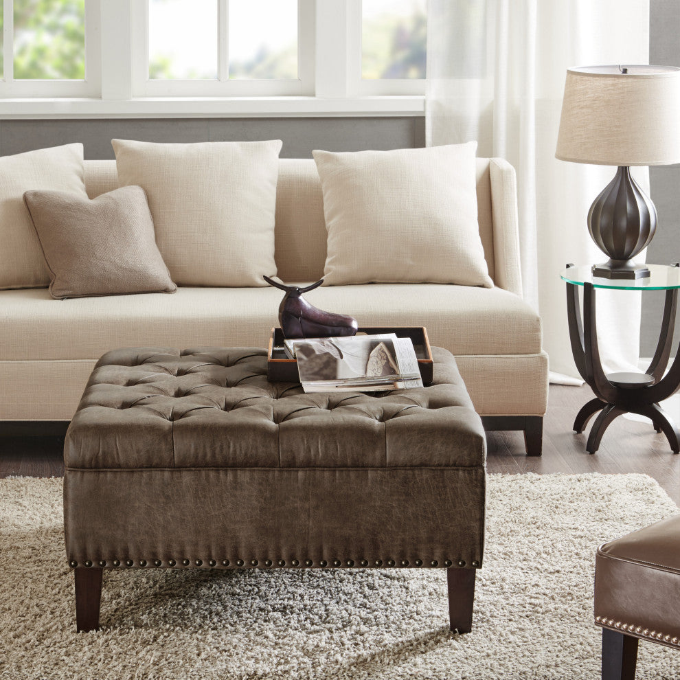 Madison Park Leathered Tufted Square Ottoman, Brown