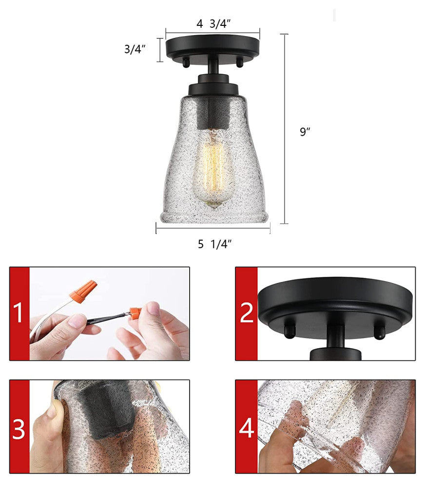 Black Semi Flush Mount Ceiling Light, Glass