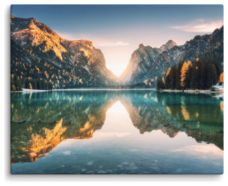 Sunrise Misty Mountain Lake Lively Color Landscape Photo Canvas Art Print, 16" X 20"