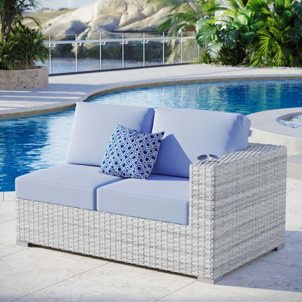 Lounge Loveseat Sofa, Rattan, Wicker, Gray Blue, Modern, Outdoor Patio Cafe