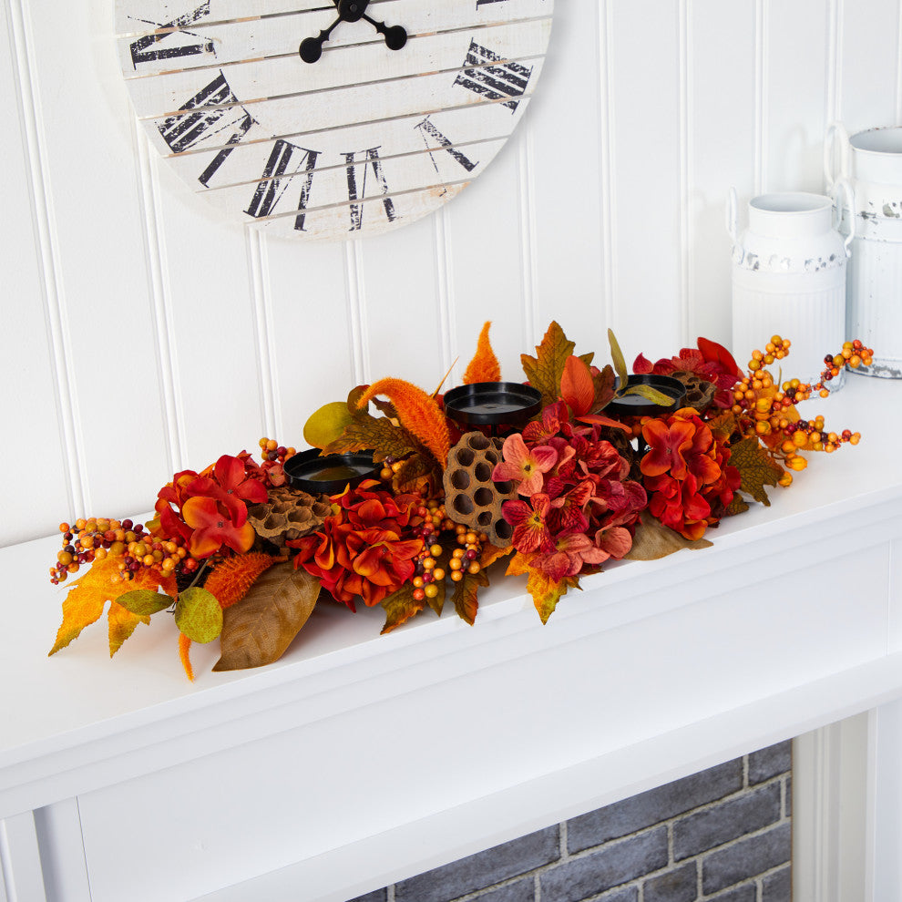32" Fall Hydrangea, Lotus Seed and Berries Artificial Candelabrum Arrangement