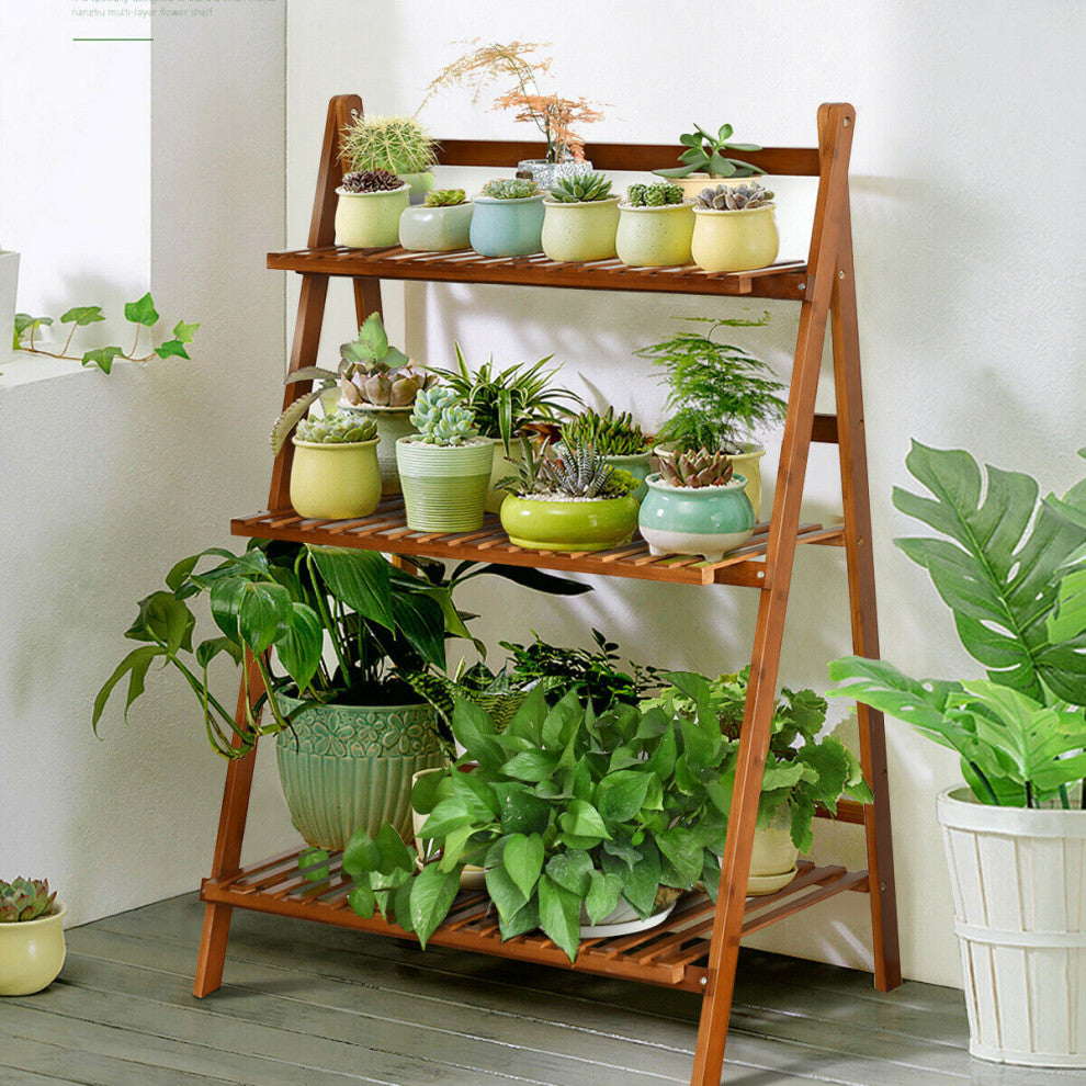 Costway 3 Tier Folding Shelf Stand Bamboo Flower Pot Display Rack Organizer