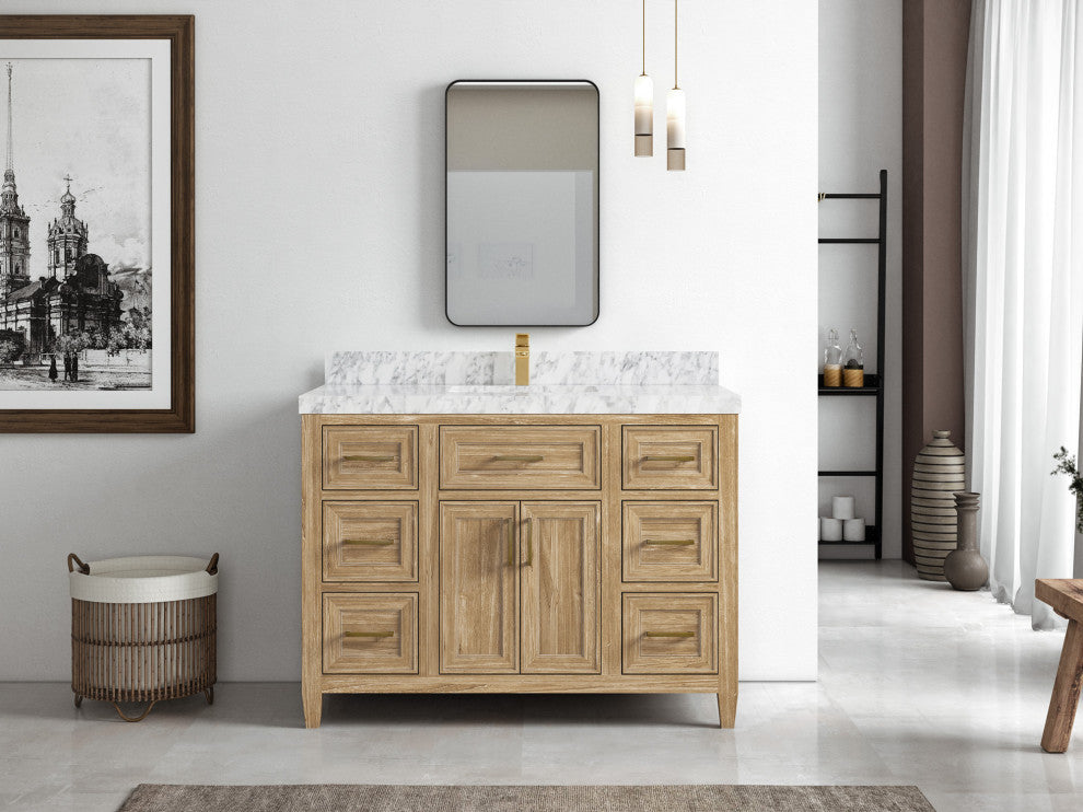 Santa Monica 48 Single Sink Bath Vanity in Whitewashed Teak 2" Carrara Marble