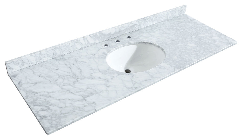 60" Single Bath Vanity White, Carrara Countertop, Sink, Gold Trim, Med. Cabinet