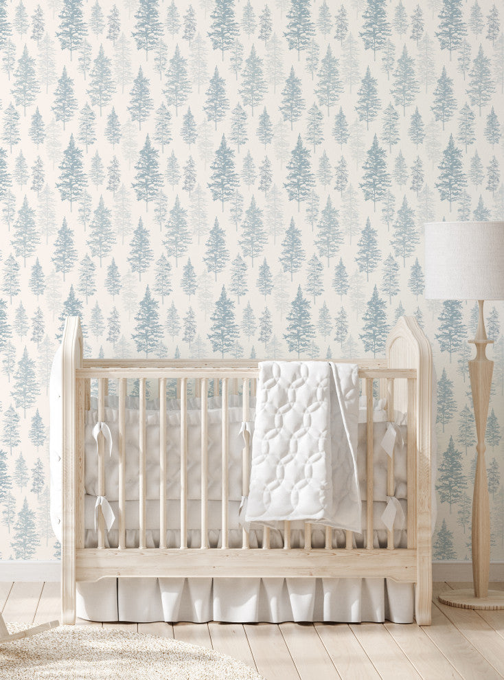 Illustrated Evergreen Forest Peel and Stick Vinyl Wallpaper, Winter Blue, 24"x108"