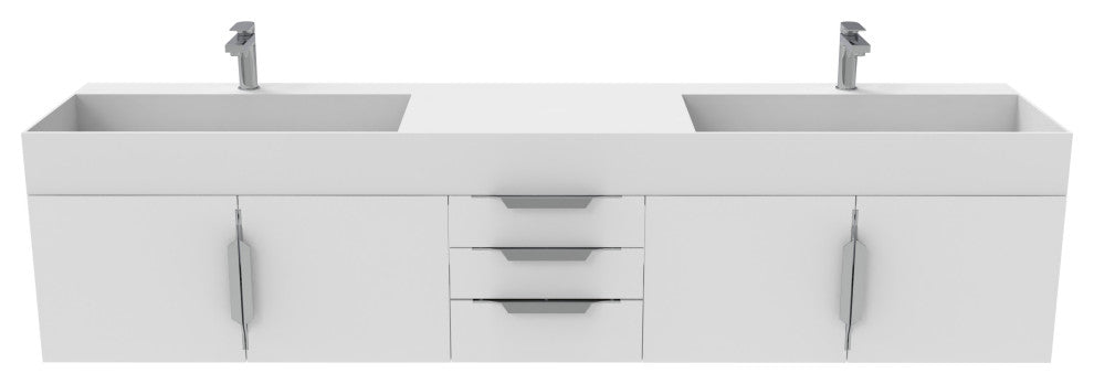 CastelloUSA Amazon 84" Wall Mounted Bathroom Vanity Set, White, White Top, Brushed Nickel