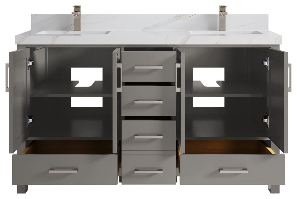 Malibu 60 Double Sink Bathroom Vanity in Elephant Skin Gray 2" Calacatta Sienna