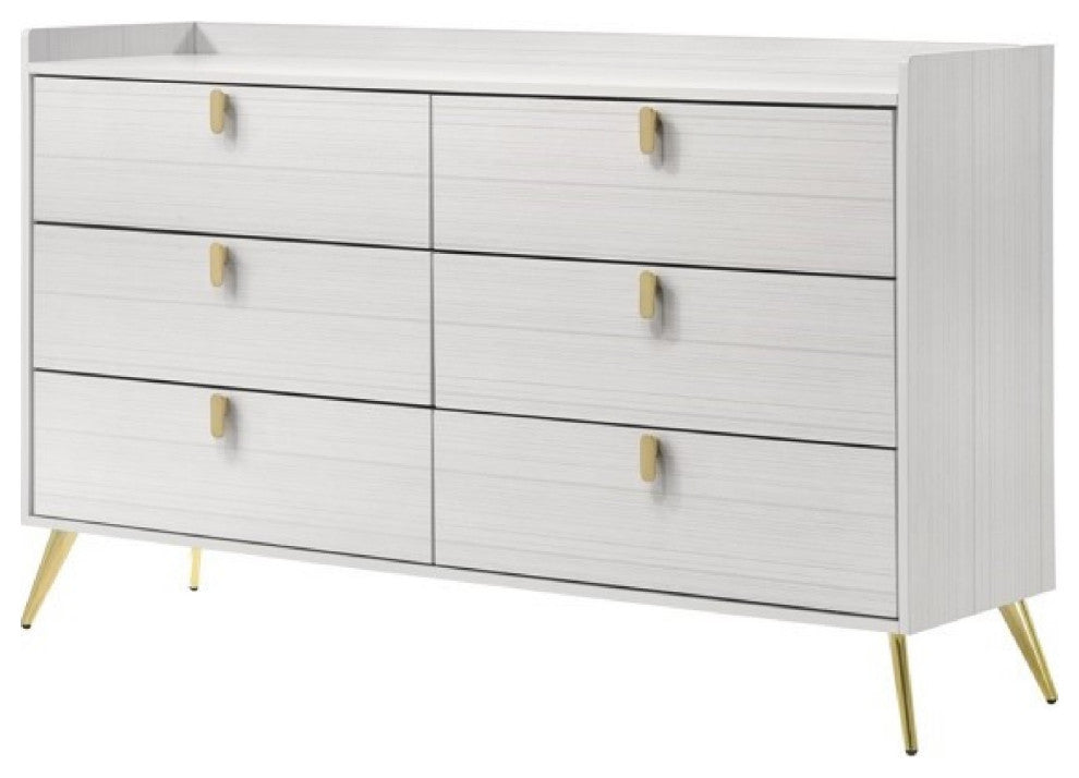 Benzara BM275715 Modern Wood Dresser With 6 Drawers, Metal Handles, White/Gold