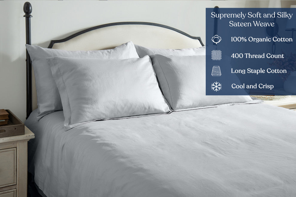 Delara GOTS 100% Organic Cotton Pillowcase Set of 2 400TC, Light Gray, King, 21"x36"