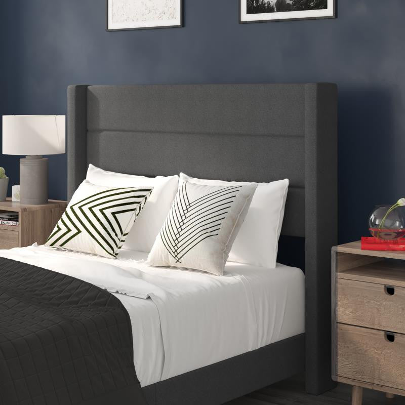 Hollis Upholstered Platform Bed with Wingback Headboard w/Mattress Foundation, Charcoal, Full