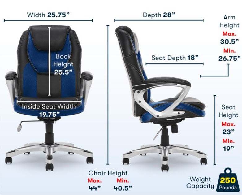 Ergonomic Office Chair, Vegan Leather Seat With Padded High Backrest, Black/Blue