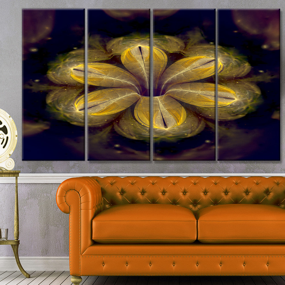 Black Yellow Fractal Flower Pattern, Abstract Canvas Print, 48"x28", 4 Panels