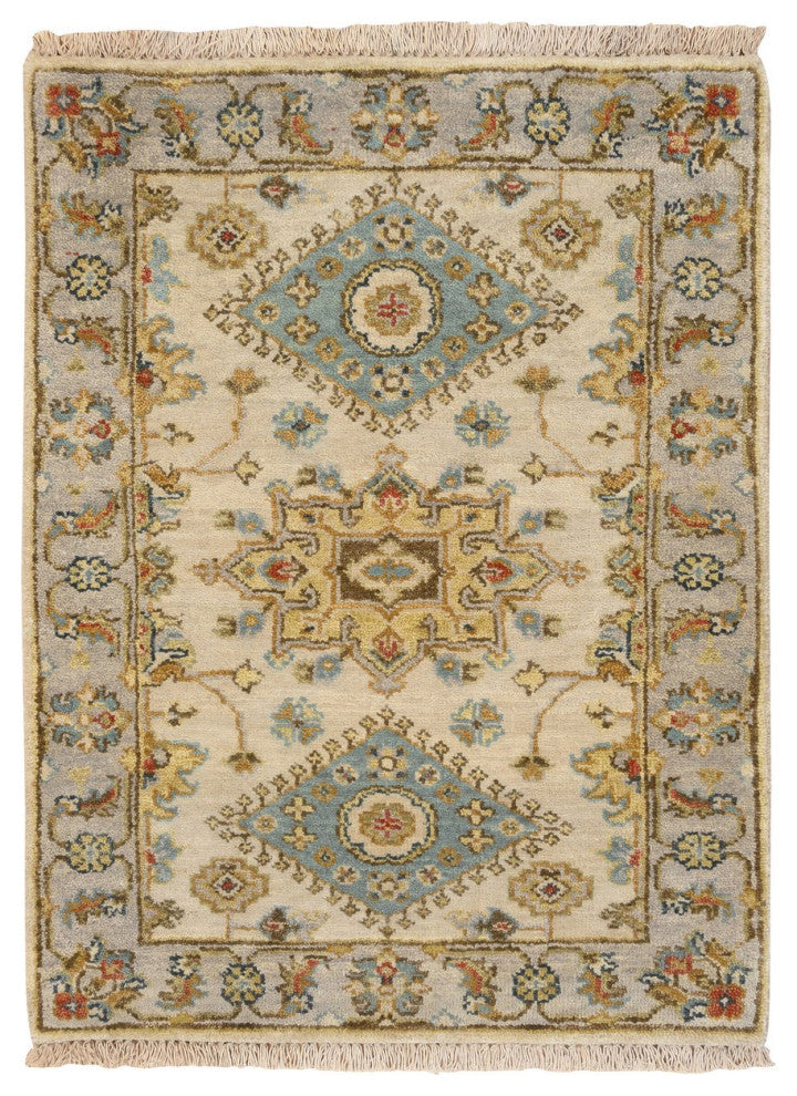 Ivory and Gray, Karajeh Design, Organic Wool Hand Knotted Mat Rug, 2'1"x3'0"