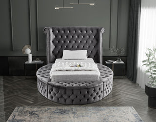 Luxus Button Tufted Velvet Round Bed, Gray, Twin