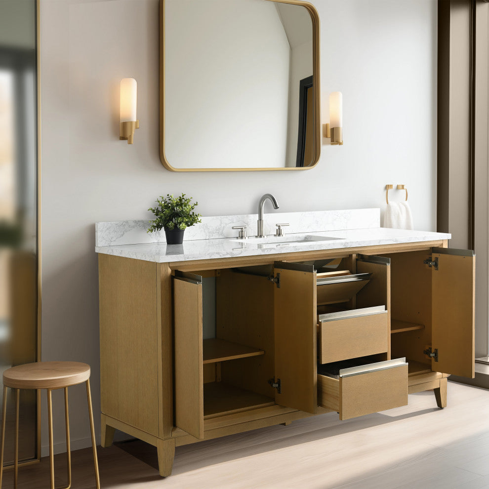 Vanity Art Bathroom Vanity With Sink, Natural Oak, 60" Single